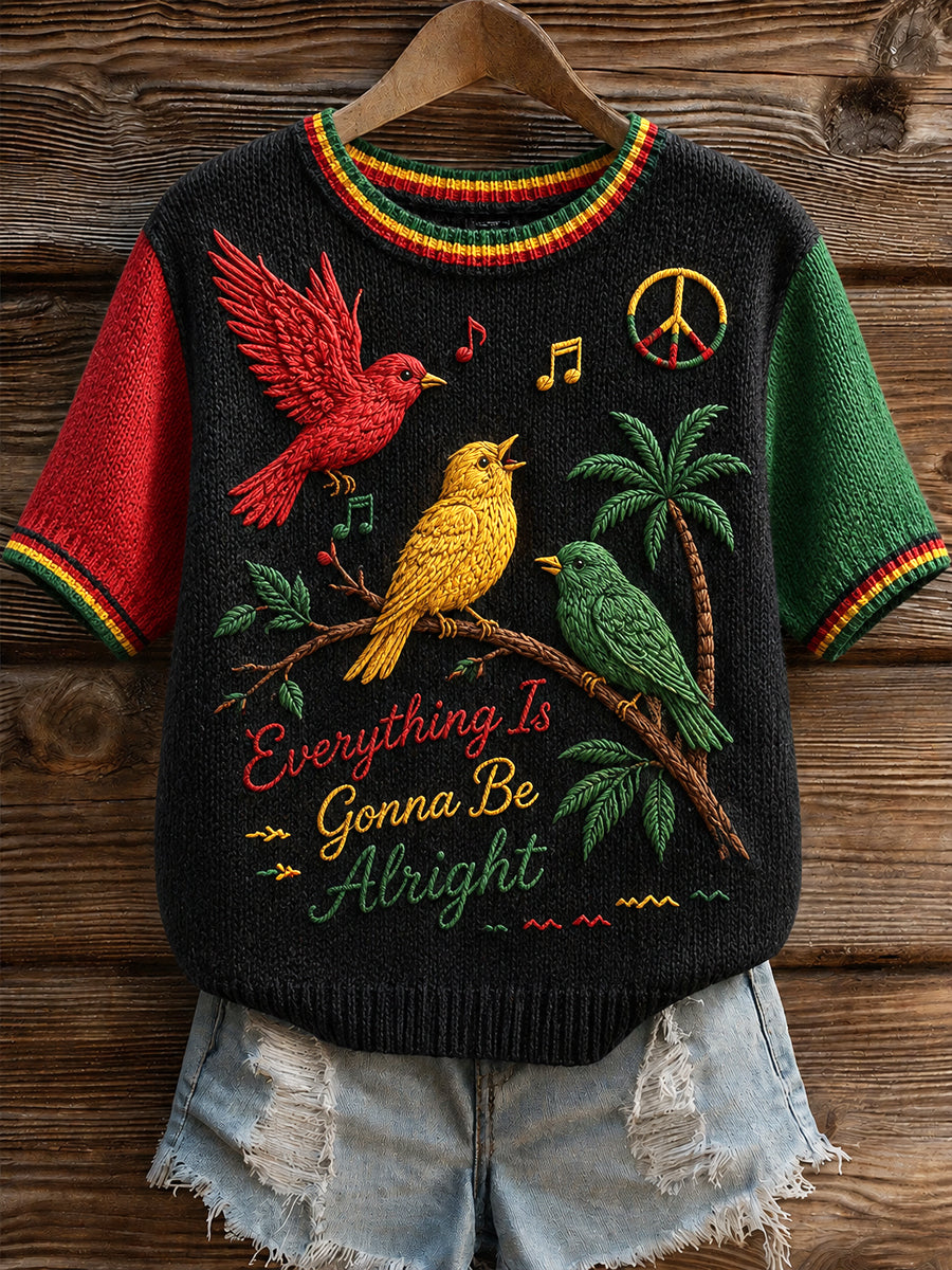 Retro Reggae “Three Little Birds” Patchwork Casual T-Shirt