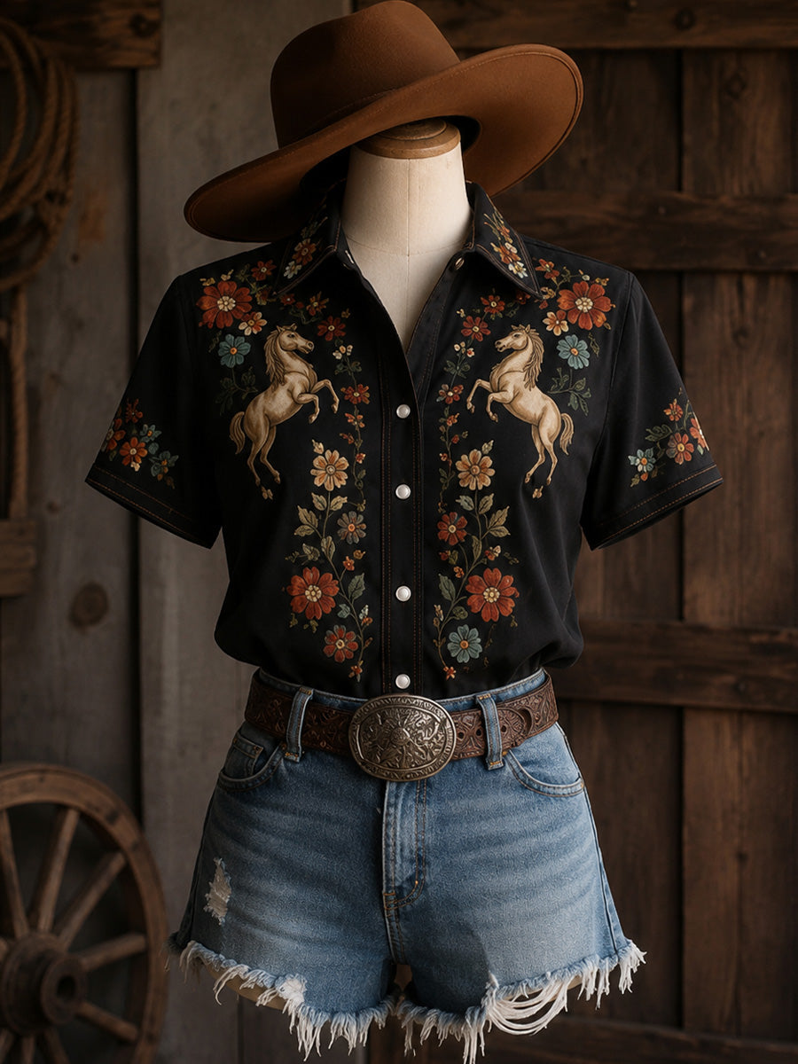 Women's Retro Western Bull Skull Print Short-Sleeve Shirt