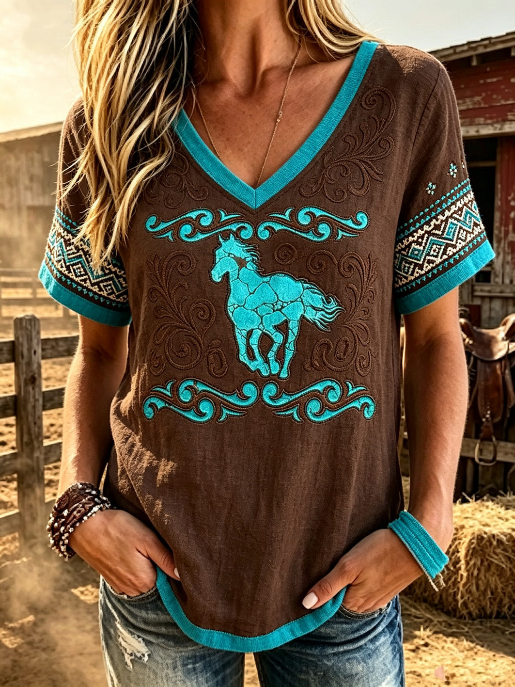 Women's retro western style animal print casual linen short-sleeve T-shirt
