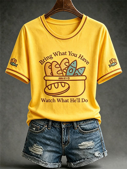 Women's Jesus 2 Fishes 5 Breads 5000 Chosen Against The Current Print Casual Tee