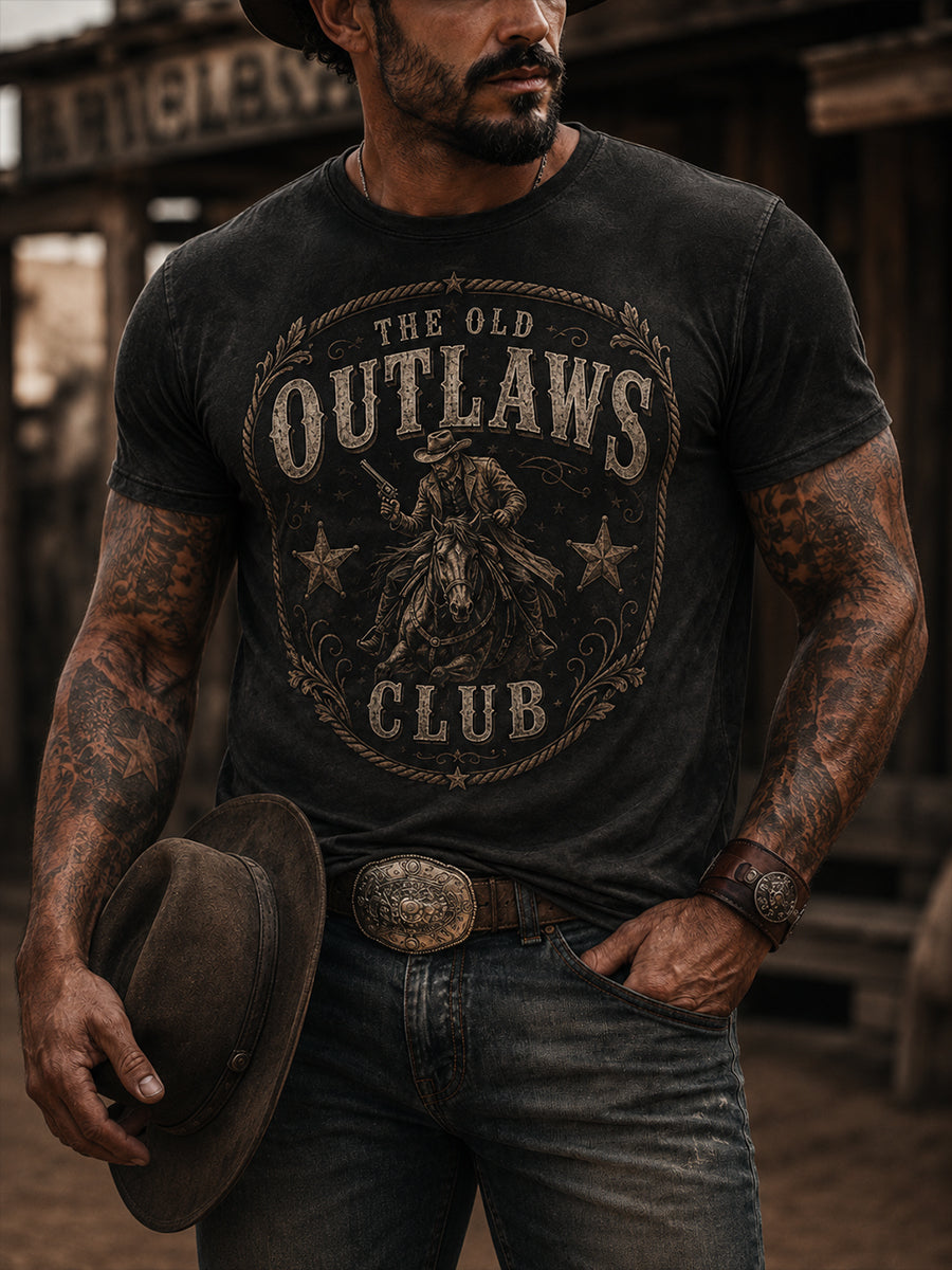 Men's Retro Western Cowboy Skull Graphic Distressed T-Shirt