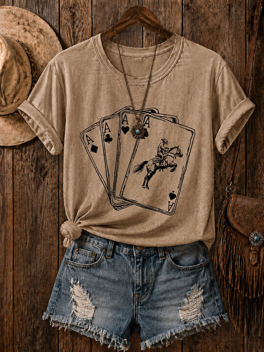 Women's Western Card Print Casual T-Shirt