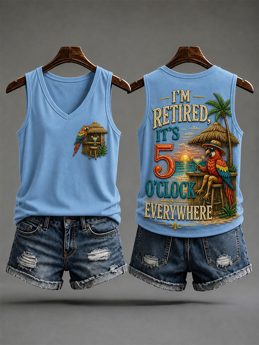 Women's I'm Retired It's 5 O'clock Everywhere Parrot Print Casual V-Neck Vest
