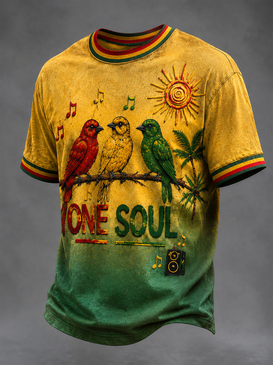 Retro Reggae “Three Little Birds” Gradient Casual T-Shirt