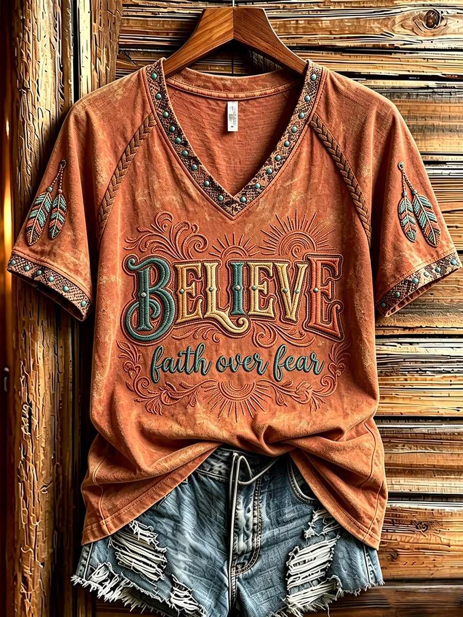 Women's Western Faith Over Fear Print V-neck Short-sleeved T-shirt