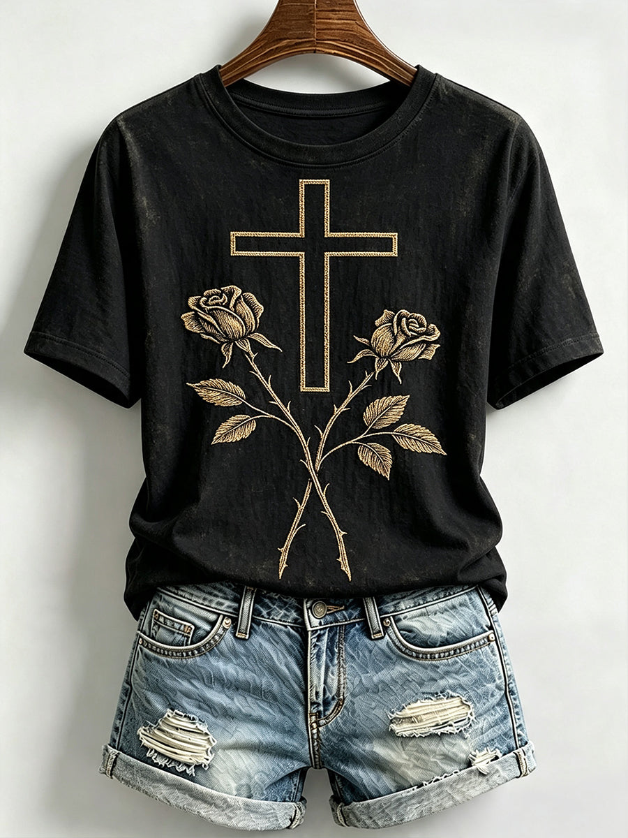 Women's Vintage Cross and Rose Faith Art Print Short-sleeved T-shirt