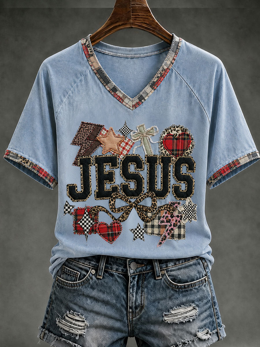 Women's Christian Jesus Cross V-neck Short Sleeve T-shirt