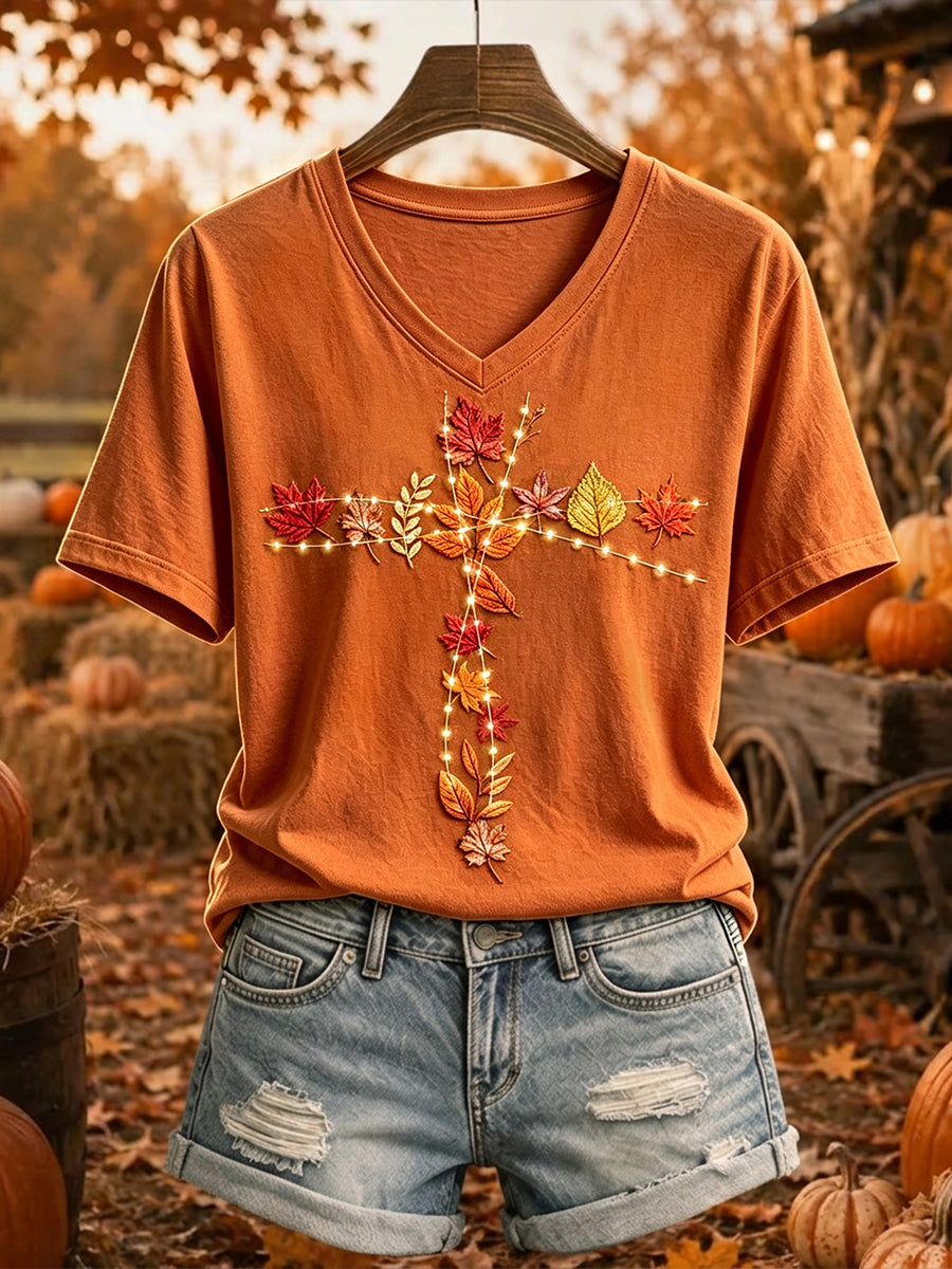 Women's Fall Leaves Cross Lights Print V Neck Short-sleeved T-shirt